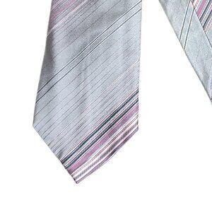 Van Heusen Silk Tie Men’s Metallic Gray Pink Stripe Preppy Designer Wide Tie New